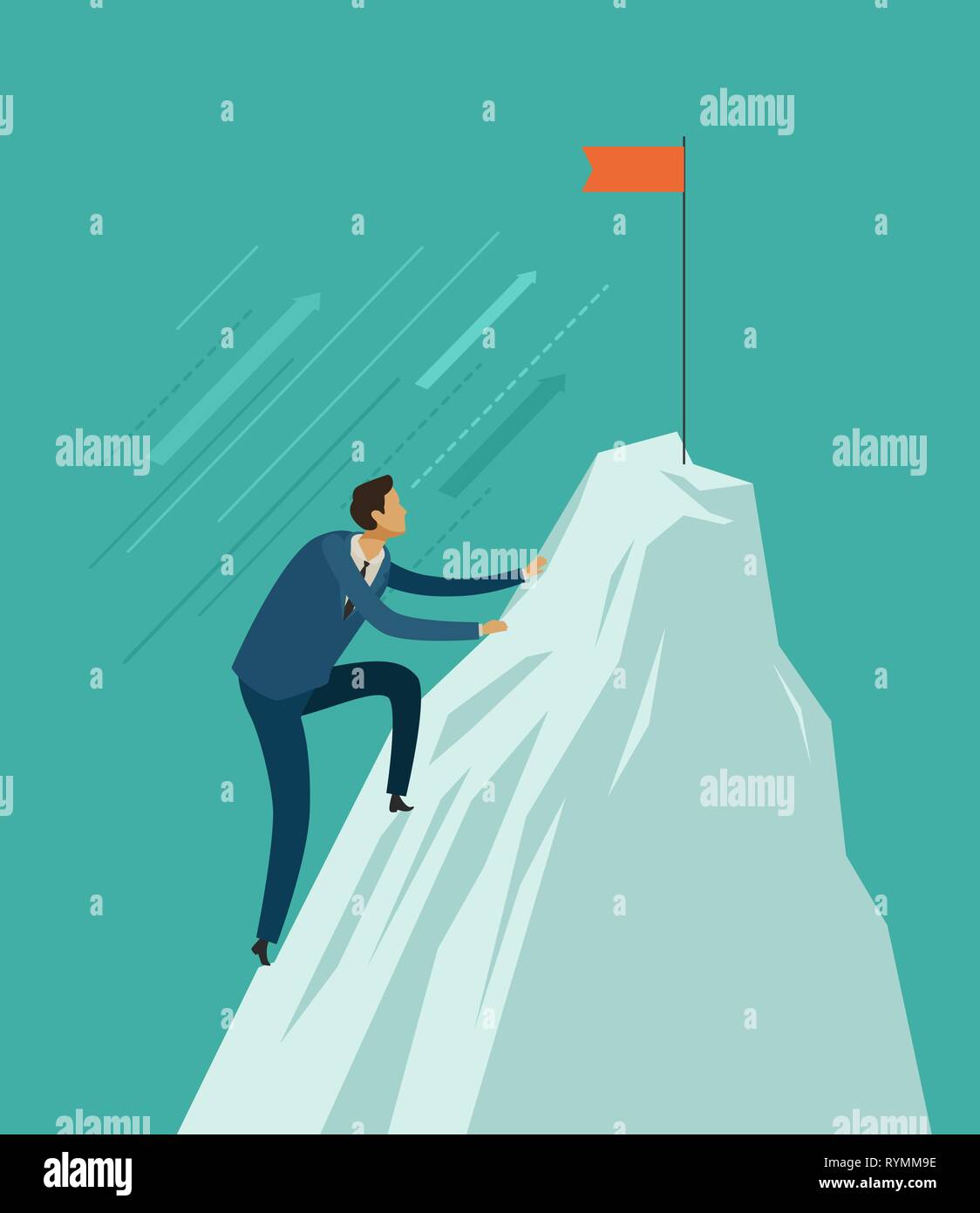 Businessman climb to the top of the mountain. Achieving goal, business concept. Vector illustration Stock Vector