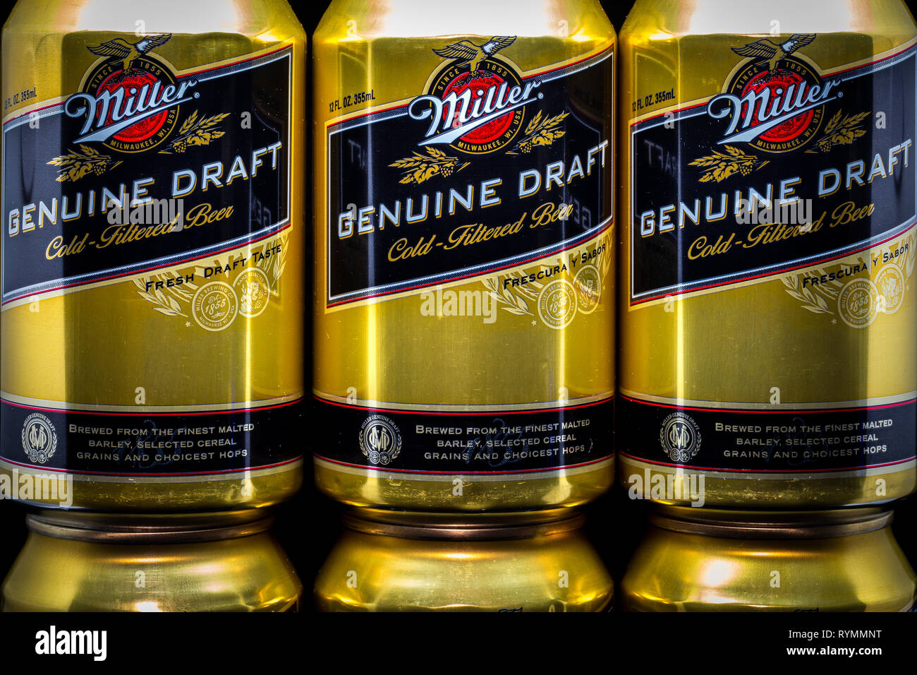 ST. PAUL, MN/USA - MARCH 6, 2019: Miller Genuine Draft beer and trademark logo. The Miller Brewing Company is an American beer brewing company. Stock Photo