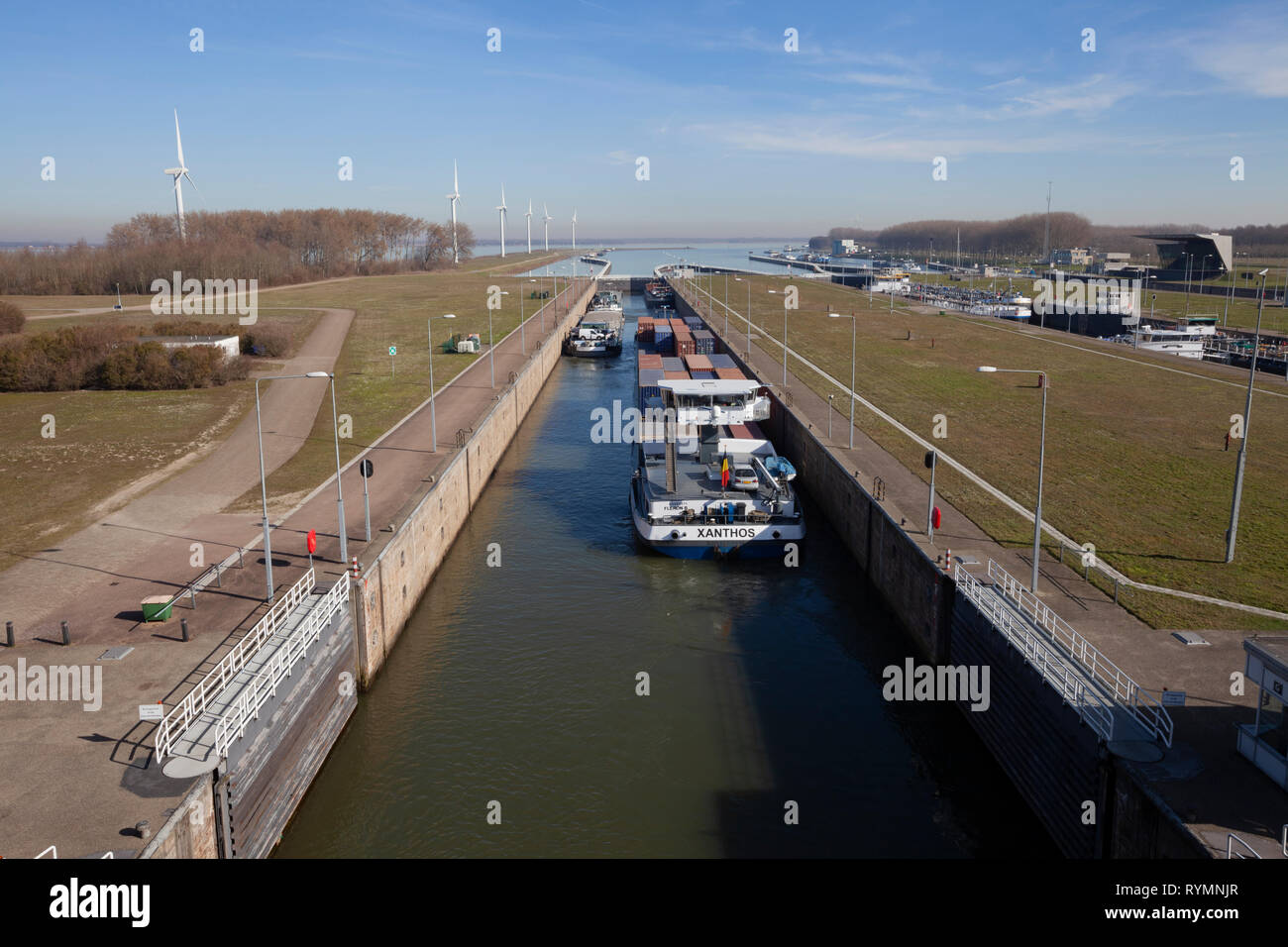 The Volkerak water locks, part of the Dutch Delta Works and the largest inland water locks in Europe Stock Photo
