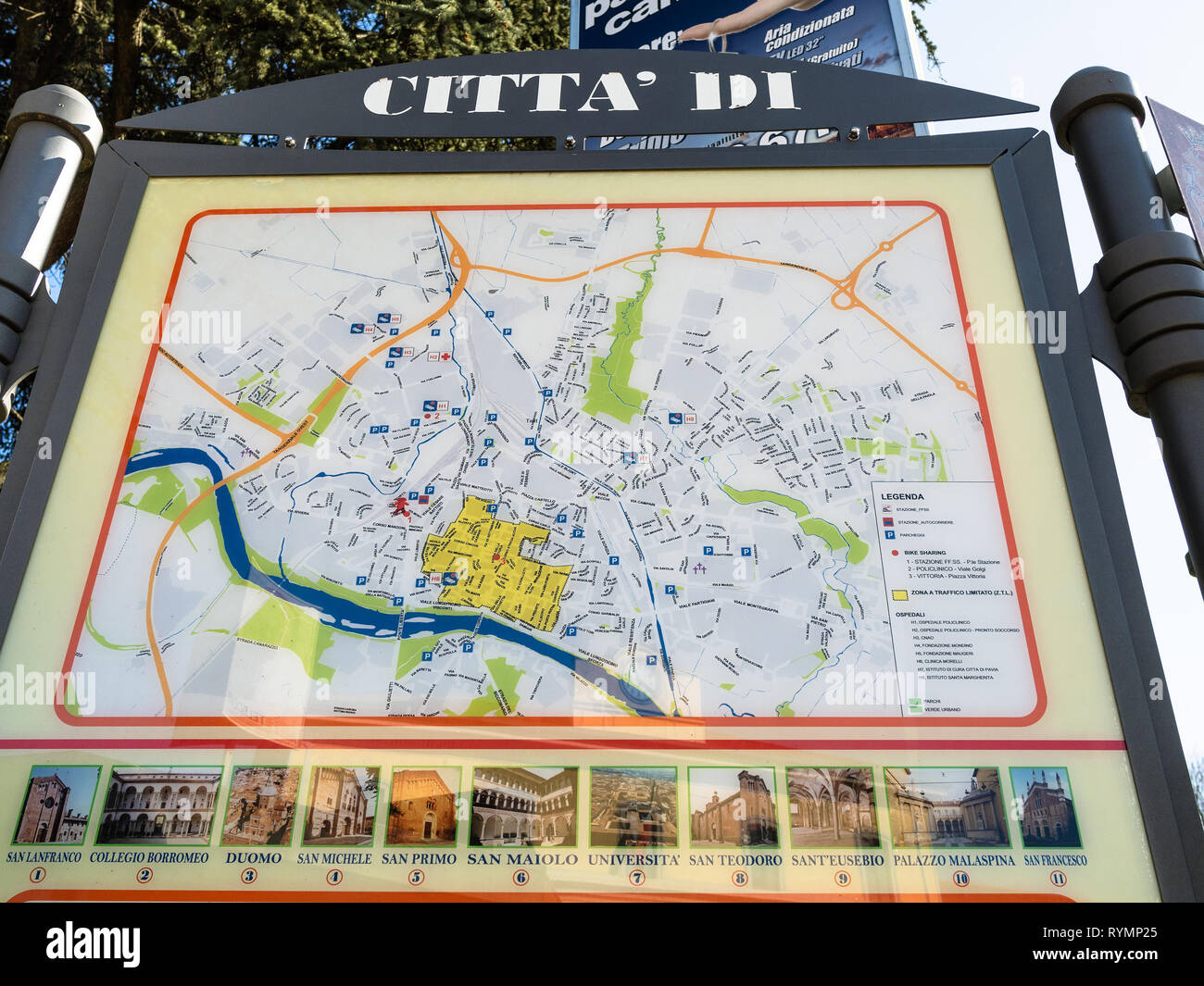 PAVIA, ITALY - FEBRUARY 22, 2019: outdoor city map with pictures of landmarks on street of Pavia. Pavia is town in Lombardy, the city was the capital  Stock Photo