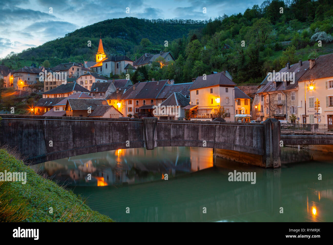 Evening in Lods village in Franche Comte, France. Stock Photo