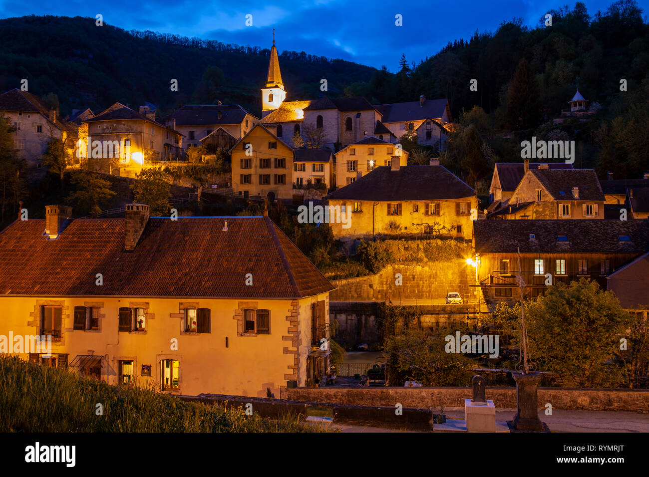Evening in Lods village, Franche Comte, France. Stock Photo