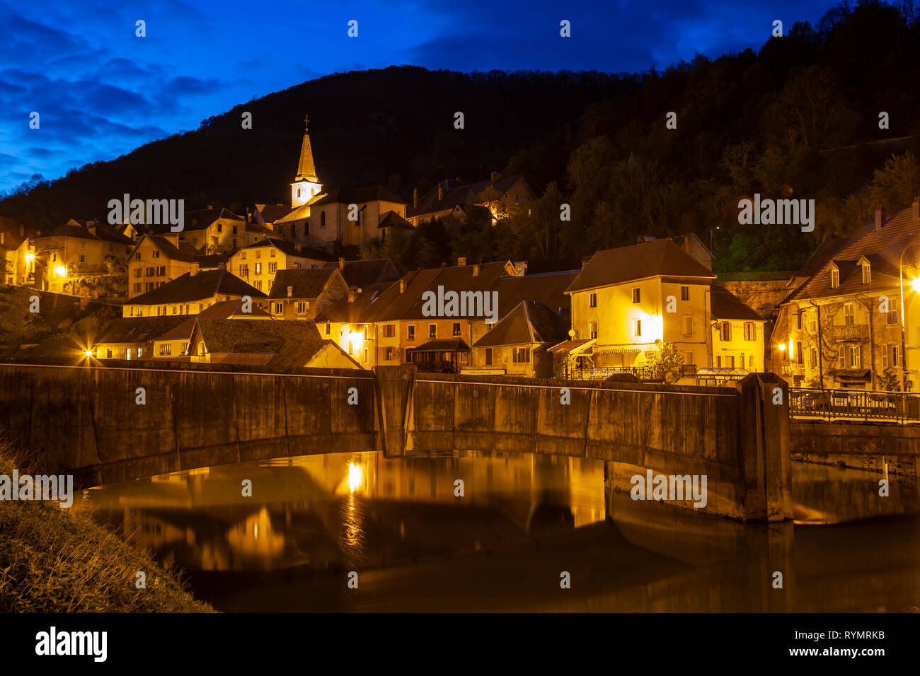 Night falls in Lods village, Franche Comte, France. Stock Photo