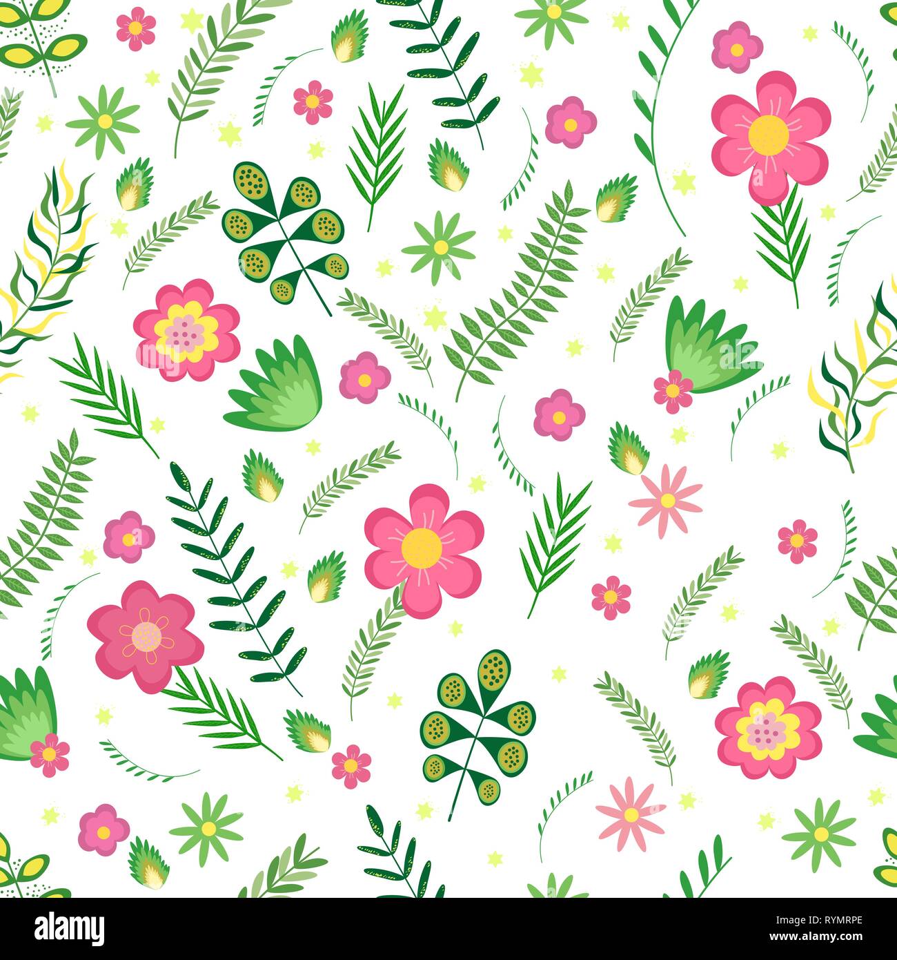 Summer floral seamless pattern. Flowers and branches in pastel colors. Vector illustration. Stock Vector