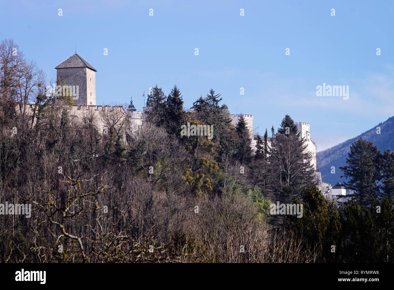 Panoramic view on Hohensalzburg castle in Salzburg in Austria in Europe. Mozart town in Austrian Alps in winter. Landmark with landscape and fortress  Stock Photo