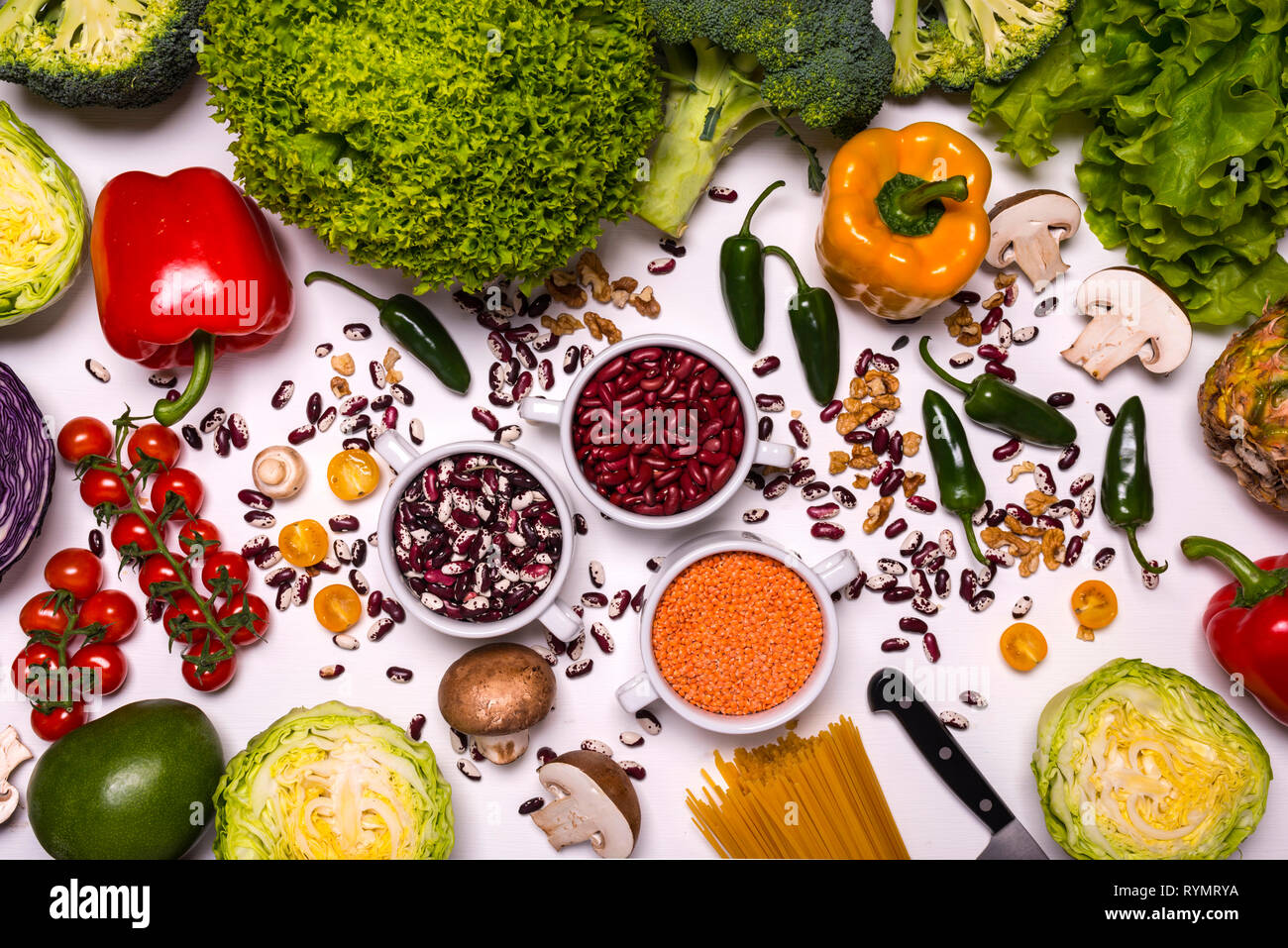 Fresh vegetables and fruits on white background. Detox diet. Different ...