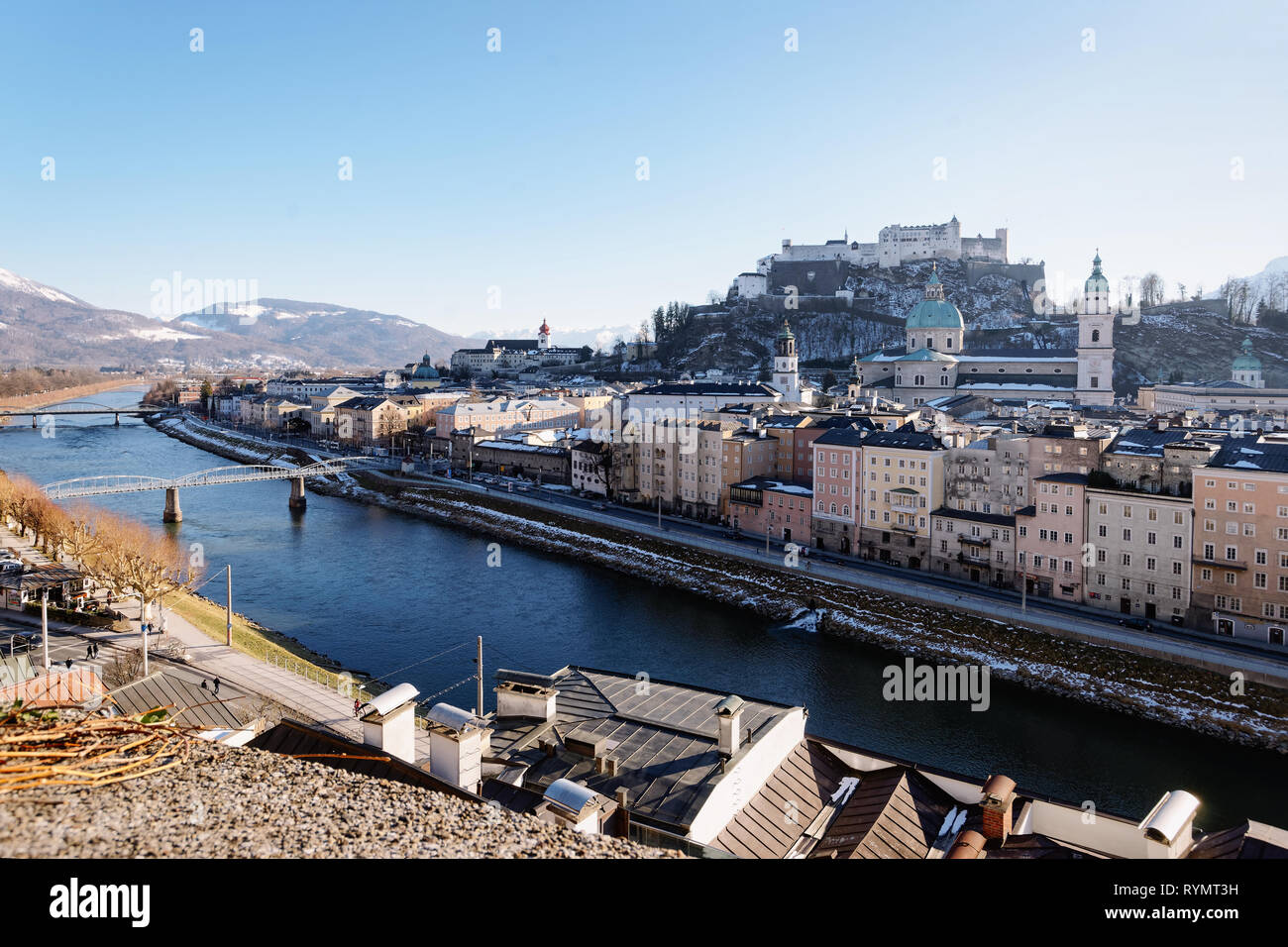Panorama with Landscape of Old city and Hohensalzburg castle in Salzburg in Austria in Europe. Mozart town in Alps at Salzach River. Fortress and Cath Stock Photo