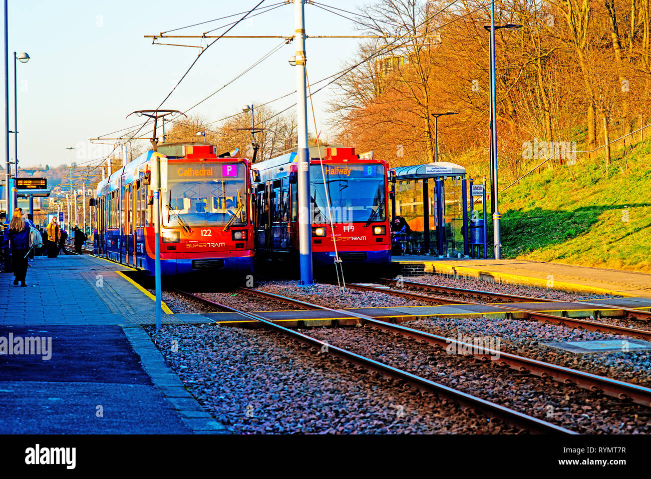 Trams meet at Sheffield Railway Station Tram Station, Sheffield, England Stock Photo