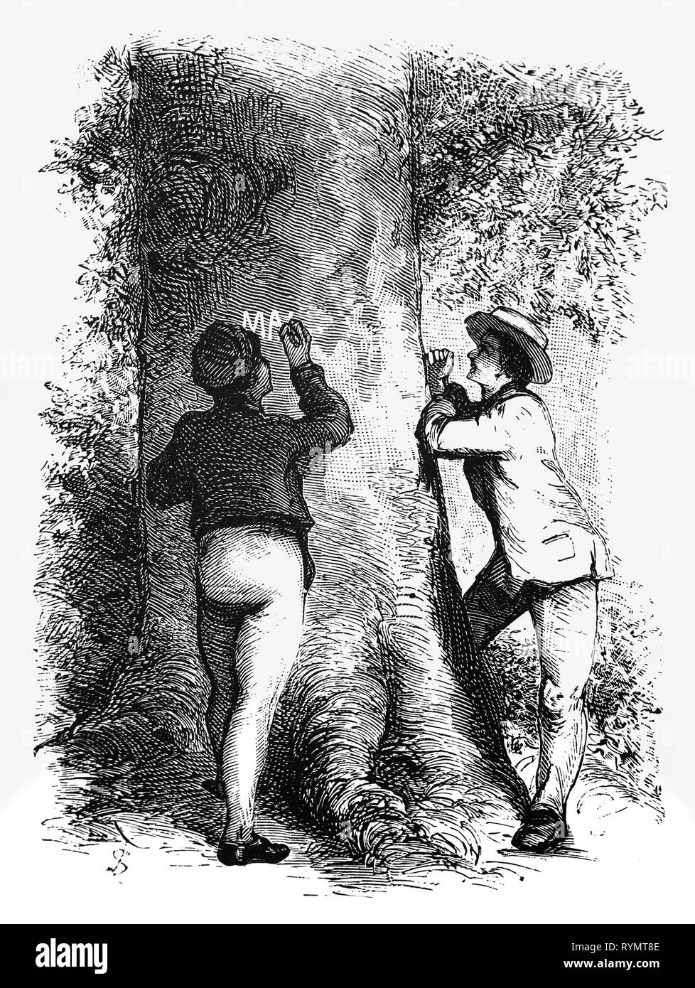 Hildebrand and his friend Antoine were both in love with the same young lady, and when we were busy on our walks, we both cut the same name into a tree. From the Camera Obscura, a 19th Century collection of Dutch humorous-realistic essays, stories and sketches in which Hildebrand, the author, takes an ironic look at the behavior of the 'well-to-do', finding  them bourgeois and without a good word for them. Stock Photo