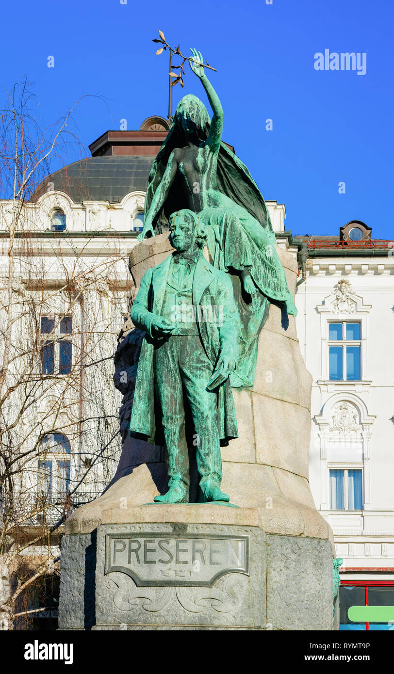 Statue of France Preseren on Presernov Trg Square in Ljubljana old town