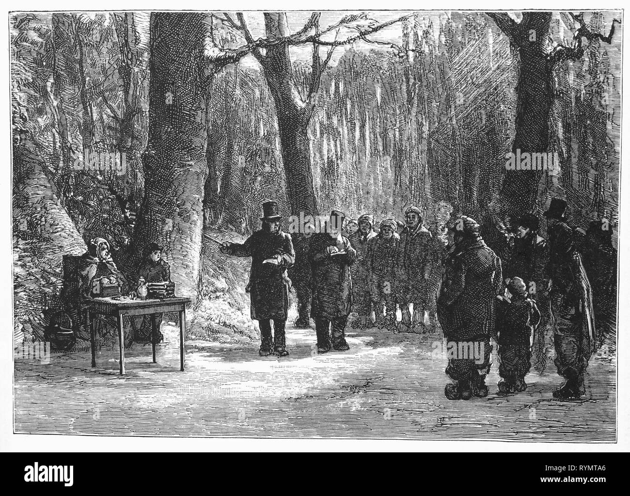 A woodland auction attended by the land-owner in which local farmers buy individual trees. From the Camera Obscura, a 19th Century collection of Dutch humorous-realistic essays, stories and sketches in which Hildebrand, the author, takes an ironic look at the behavior of the 'well-to-do', finding  them bourgeois and without a good word for them. Stock Photo