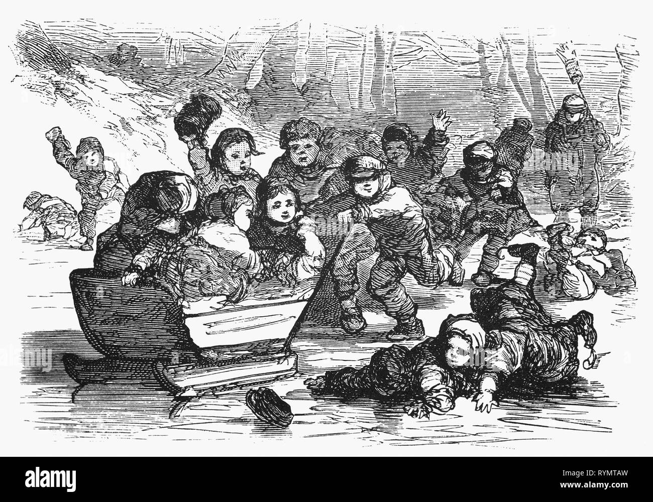A sled goes back and forth across a frozen pond with a load of little girls in it, and with a  bunch of little boys behind it who swing it  around so much that they all scream. From the Camera Obscura, a 19th Century collection of Dutch humorous-realistic essays, stories and sketches in which Hildebrand, the author, takes an ironic look at the behavior of the 'well-to-do', finding  them bourgeois and without a good word for them. Stock Photo