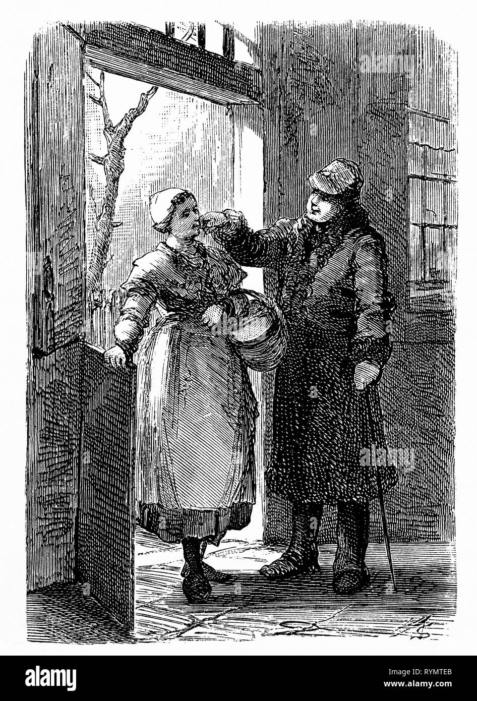 A farm owner visits his tenant famer, and strokes the farmer's daughter's cheek as he leaves. From the Camera Obscura, a 19th Century collection of Dutch humorous-realistic essays, stories and sketches in which Hildebrand, the author, takes an ironic look at the behavior of the 'well-to-do', finding  them bourgeois and without a good word for them. Stock Photo