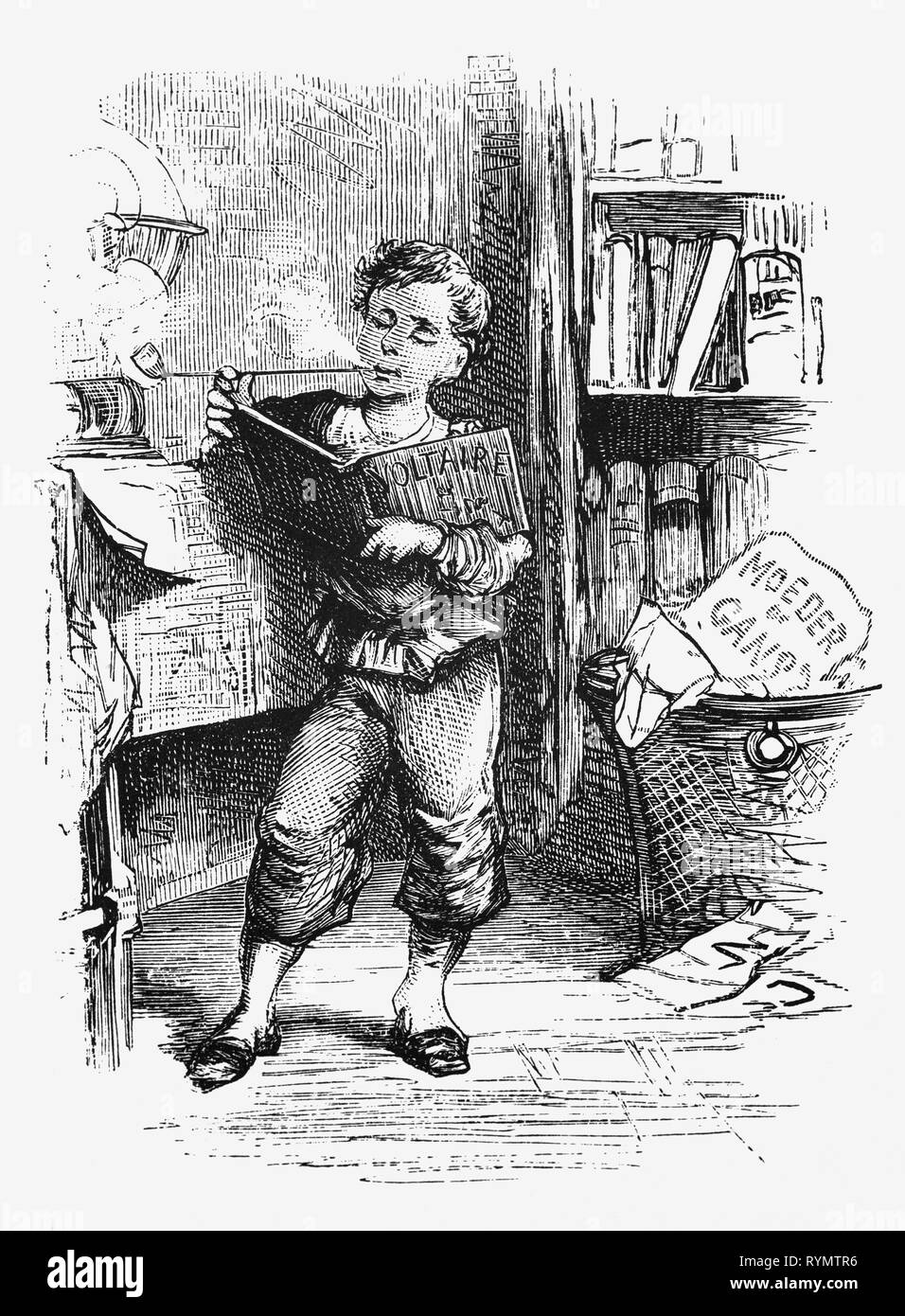 A young boy, dumps his childrens books and starts reading Voltaire and smoking a pipe. From the Camera Obscura, a 19th Century collection of Dutch humorous-realistic essays, stories and sketches in which Hildebrand, the author, takes an ironic look at the behavior of the 'well-to-do', finding  them bourgeois and without a good word for them. Stock Photo
