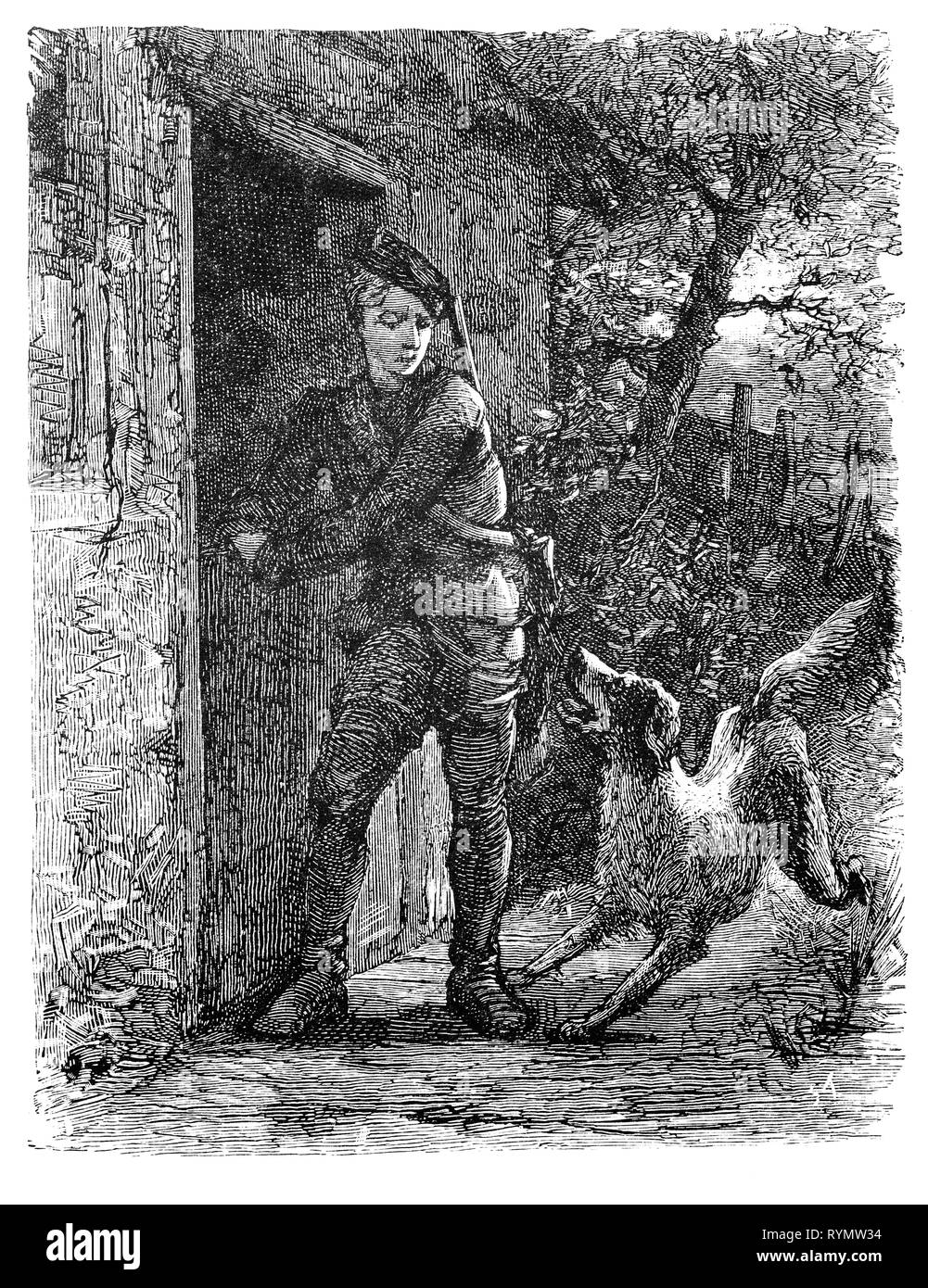 A young hunter and gun dog leave his forest cottage. From the Camera Obscura, a 19th Century collection of Dutch humorous-realistic essays, stories and sketches in which Hildebrand, the author, takes an ironic look at the behavior of the 'well-to-do', finding  them bourgeois and without a good word for them. Stock Photo