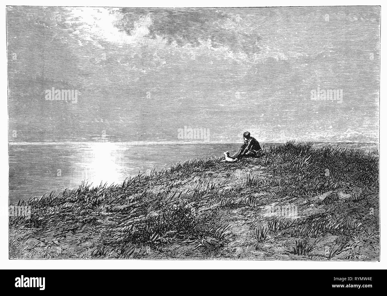 A young hunter and gun dog sit on a sand dune to contemplate the sea. From the Camera Obscura, a 19th Century collection of Dutch humorous-realistic essays, stories and sketches in which Hildebrand, the author, takes an ironic look at the behavior of the 'well-to-do', finding  them bourgeois and without a good word for them. Stock Photo