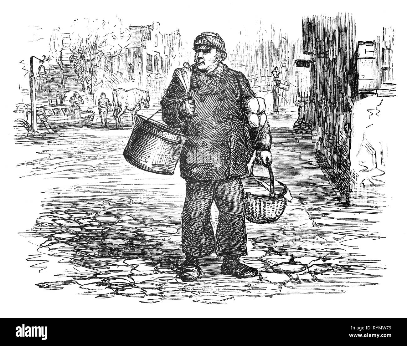 The skipper of a tow barge, with lunch in hand, makes his way to the river moorings. From the Camera Obscura, a 19th Century collection of Dutch humorous-realistic essays, stories and sketches in which Hildebrand, the author, takes an ironic look at the behavior of the 'well-to-do', finding them bourgeois and without a good word for them. Stock Photo