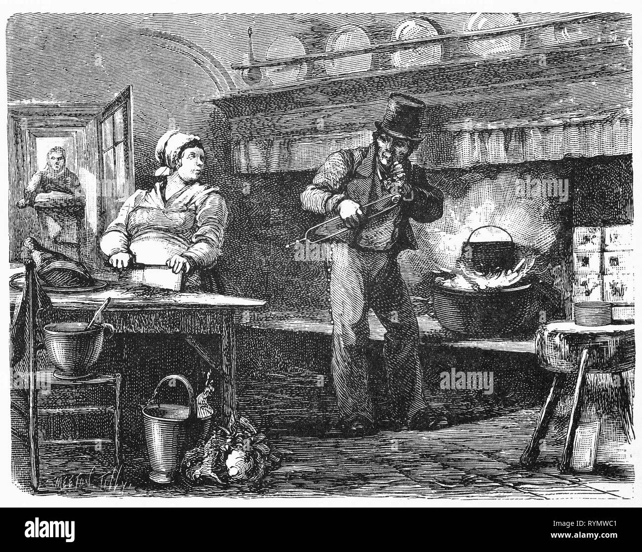 The Lieden coach driver uses a hot coal to light a cigar while he chats to the kitchen maid. From the Camera Obscura, a 19th Century collection of Dutch humorous-realistic essays, stories and sketches in which Hildebrand, the author, takes an ironic look at the behavior of the 'well-to-do', finding  them bourgeois and without a good word for them. Stock Photo