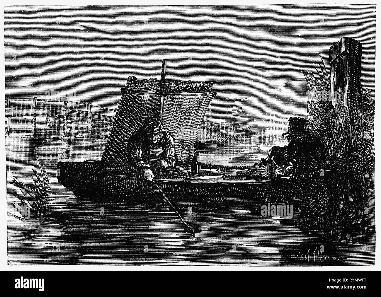 When the moon is dark, the Peuerar goes out at nightfall in his small boat with a lantern under his arm, and his short baton, from which the above-described worm-fret must hang to catch the local eels. From the Camera Obscura, a 19th Century collection of Dutch humorous-realistic essays, stories and sketches in which Hildebrand, the author, takes an ironic look at the behavior of the 'well-to-do', finding  them bourgeois and without a good word for them. Stock Photo