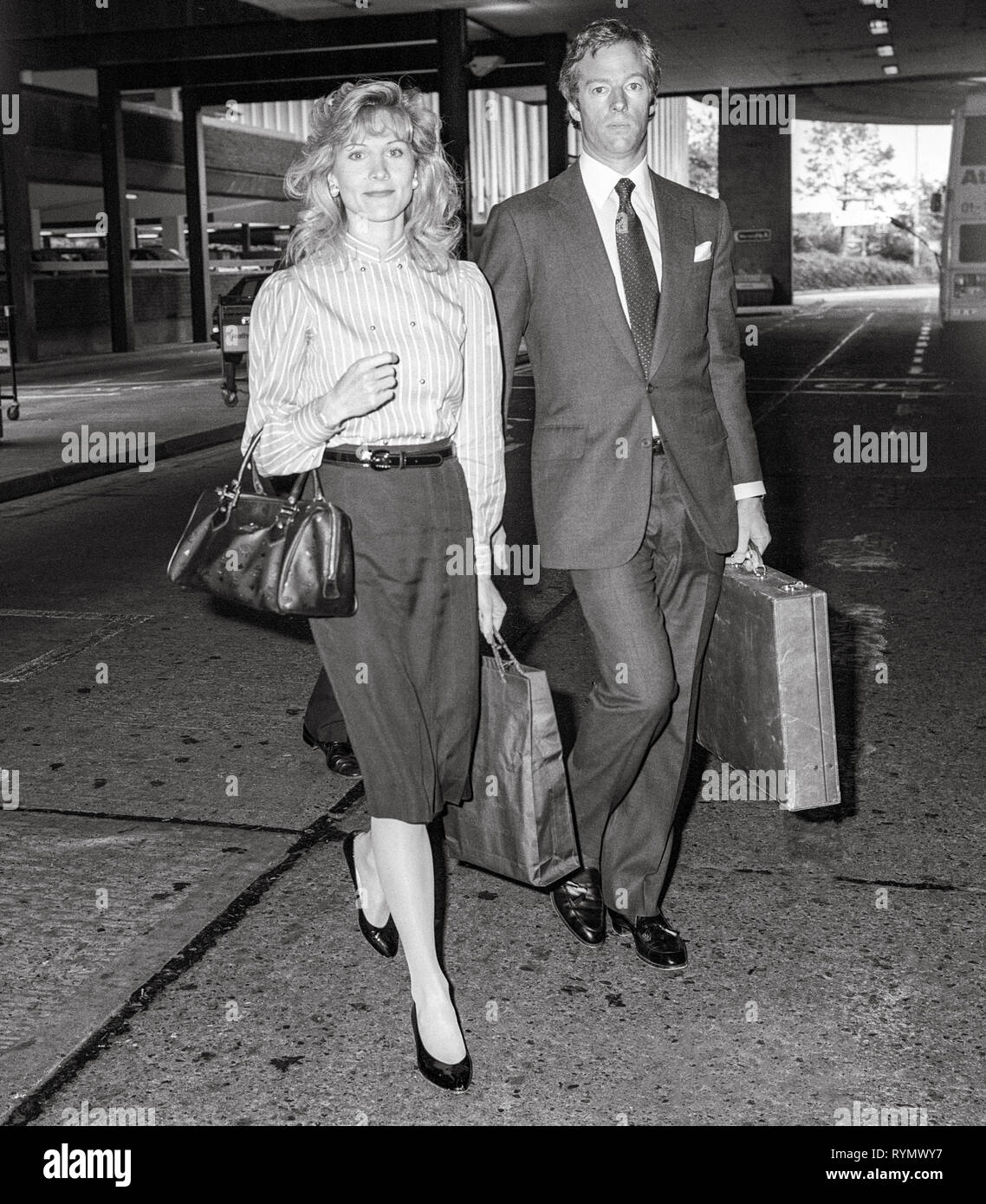 Mark Thatcher and his first wife Diane Burgdorf arriving London's Heathrow Airport in 1982. Stock Photo