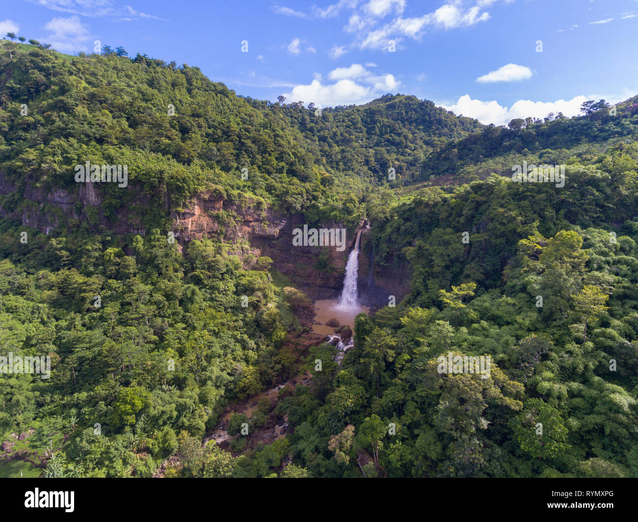 Cimarinjung waterfall in UNESCO Geopark marking the geology fault. It contains the oldest rock formation in West Java Stock Photo