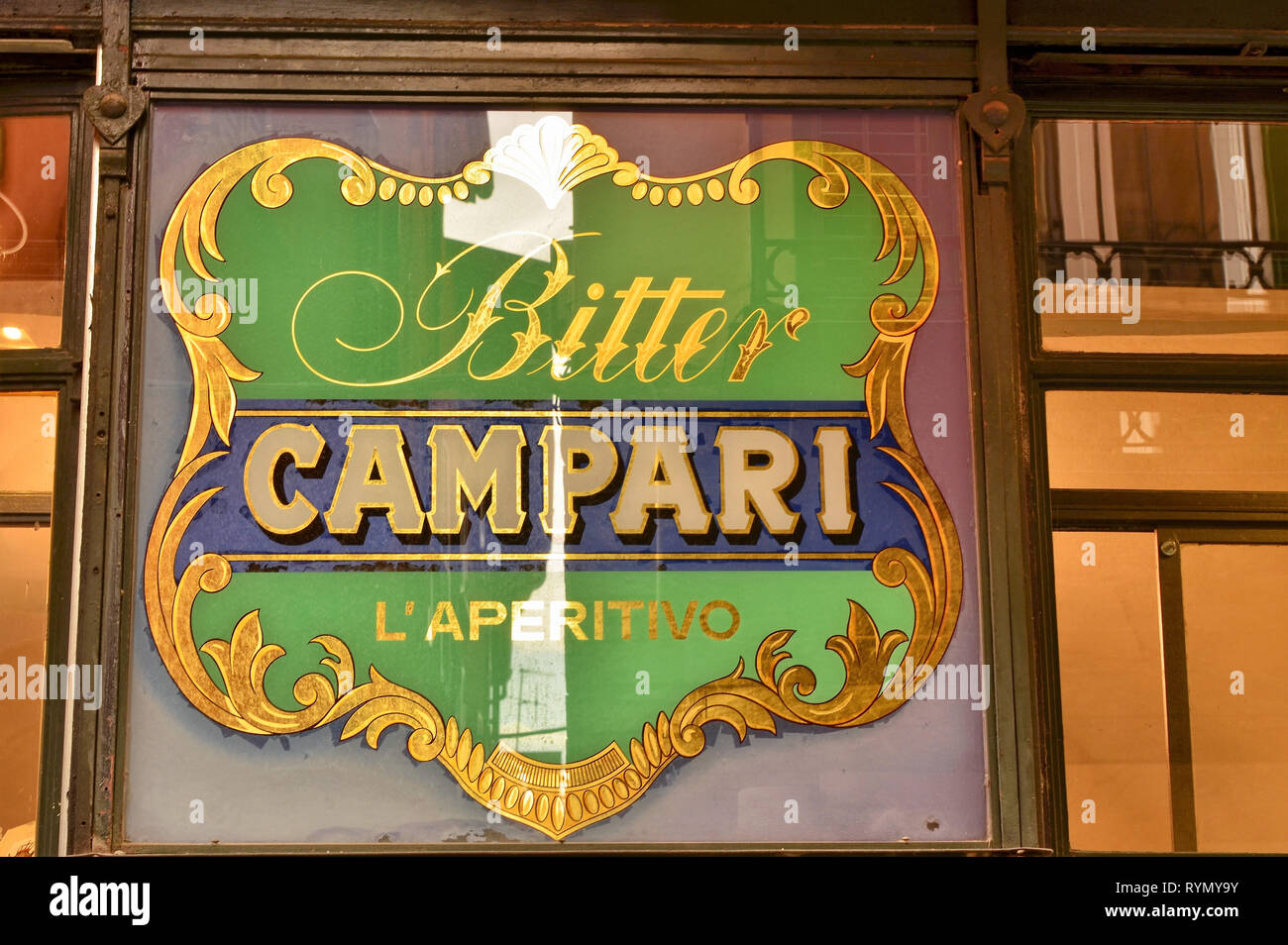 Verbania, Piedmont, Italy. March 2019. In the historic center, a vintage bar with vintage signs of the main drinking products. Stock Photo
