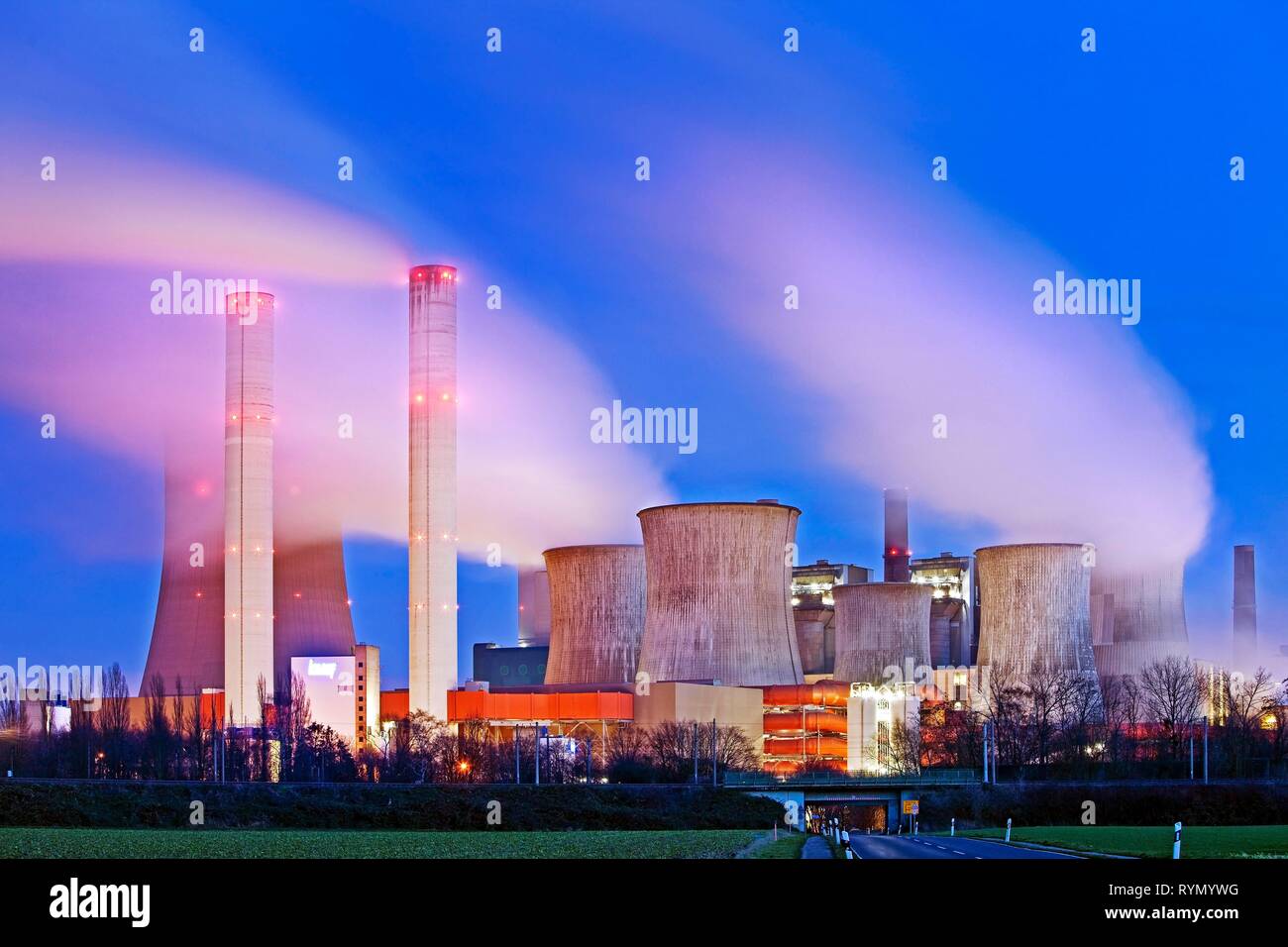 Niederaussem lignite-fired power plant at dusk, coal phase-out, Bergheim, Rhineland lignite mining area, North Rhine-Westphalia Stock Photo
