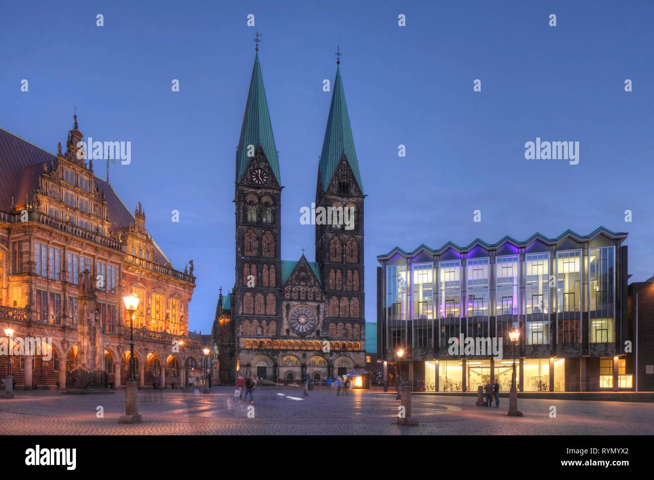 Bremen Town Hall, Cathedral and Parliament Building at the Market Square at dusk, Bremen, Germany Stock Photo