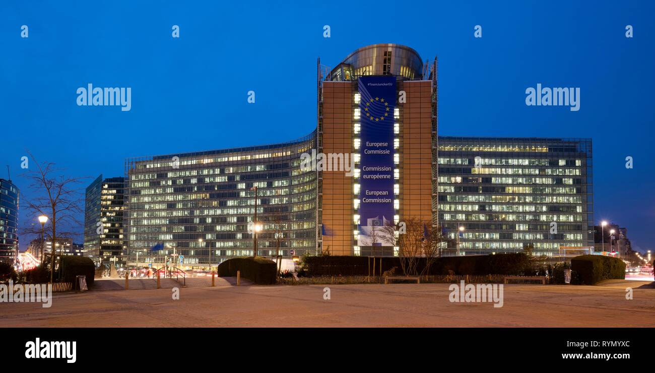 Berlaymont Building, European Commission, dusk, European Quarter, Brussels, Belgium Stock Photo