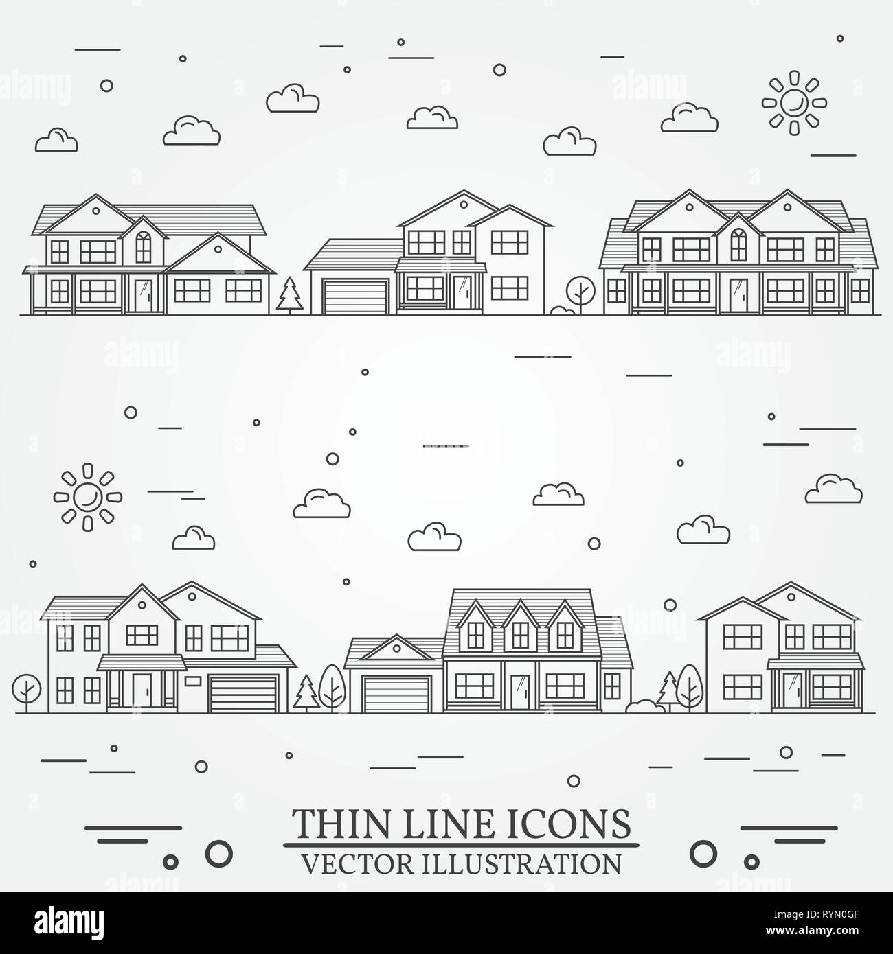 Neighborhood with homes illustrated on white. Vector thin line icon suburban american houses. For web design and application interface, also useful for infographics. Vector dark grey. Stock Vector