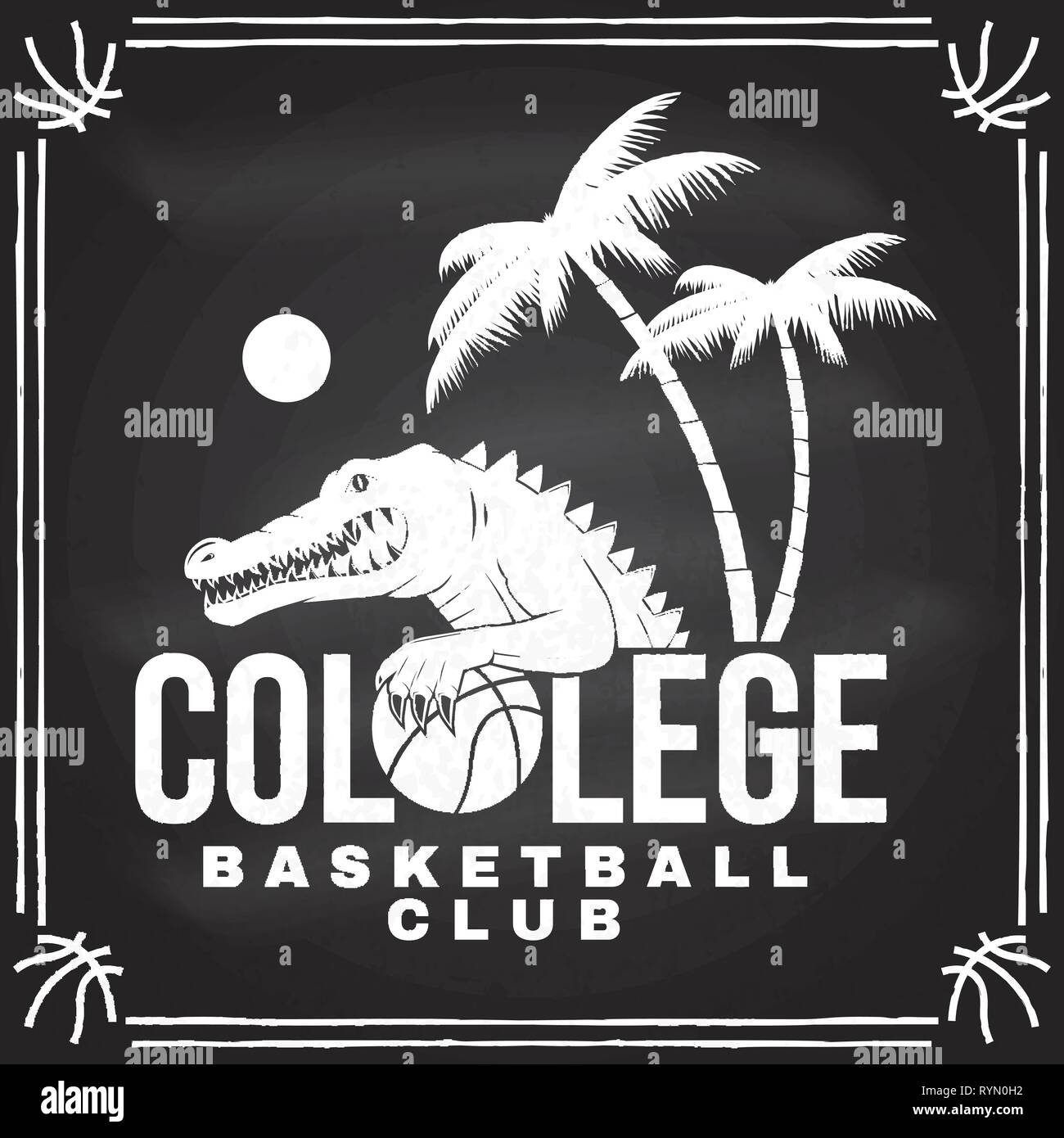 Basketball college club badge. Vector illustration. Concept for shirt, print, stamp or tee. Vintage typography design with crocodile and basketball ball silhouette. Stock Vector