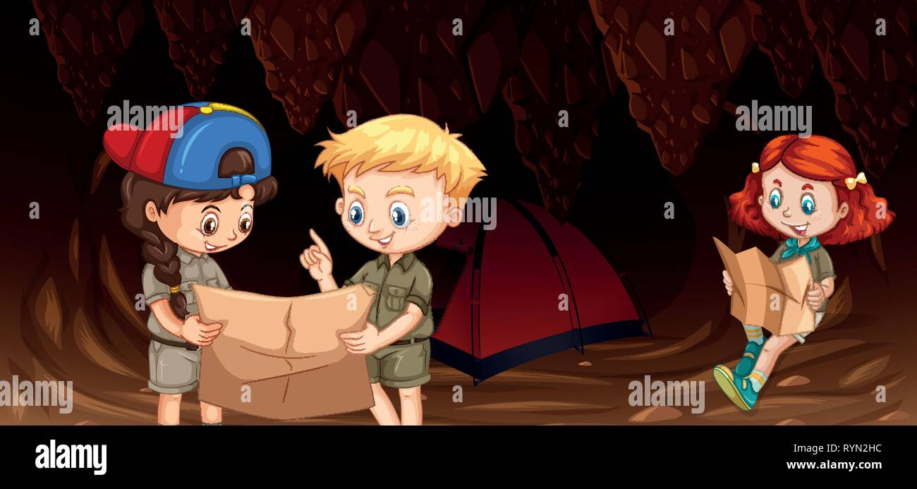 Kids camping in the cave illustration Stock Vector Image & Art - Alamy