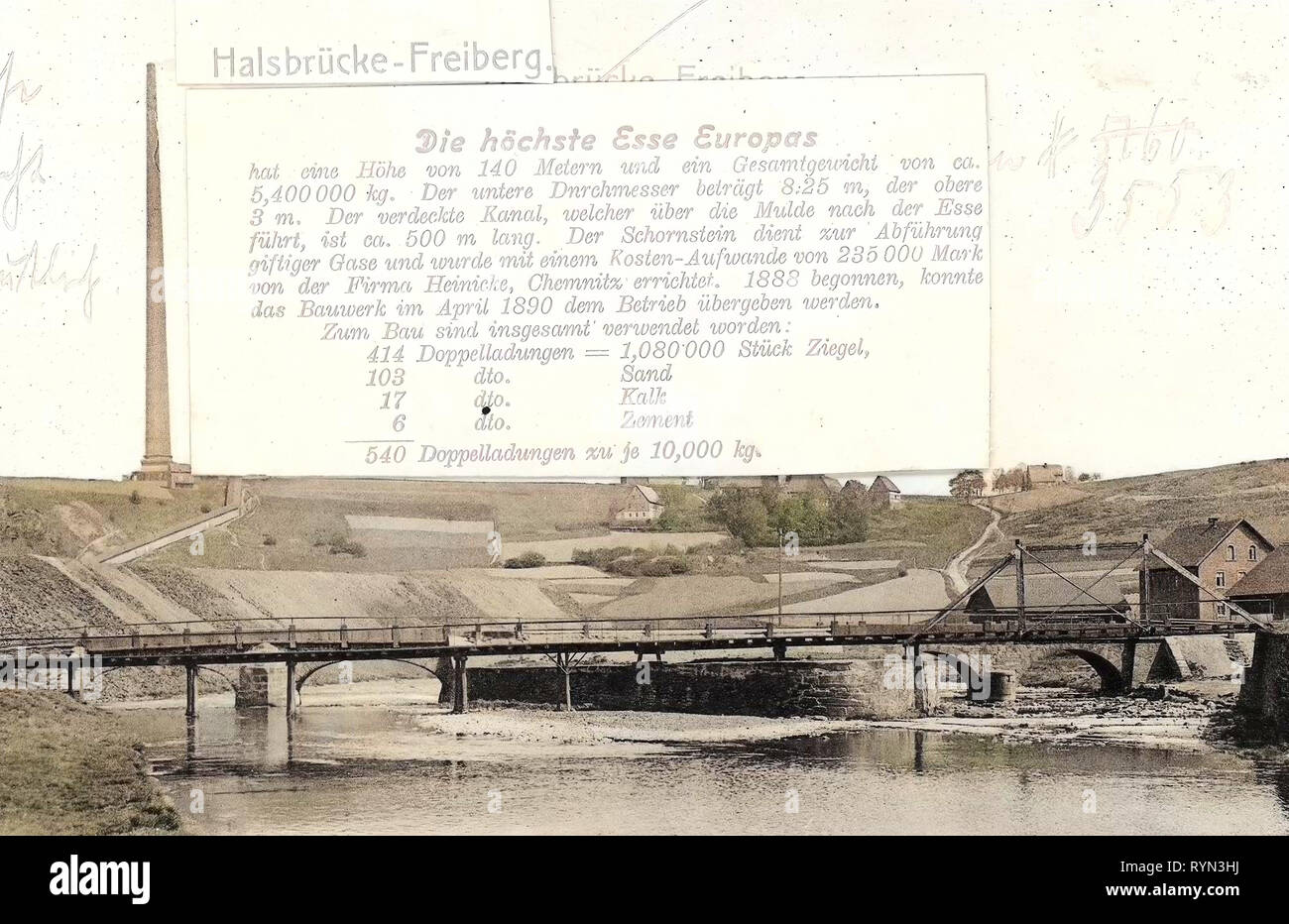 Halsbrücker Esse, Bridges in Landkreis Mittelsachsen, Texts, 1904, Landkreis Mittelsachsen, Halsbrücke, Höchste Esse der Erde 140 m, Germany Stock Photo