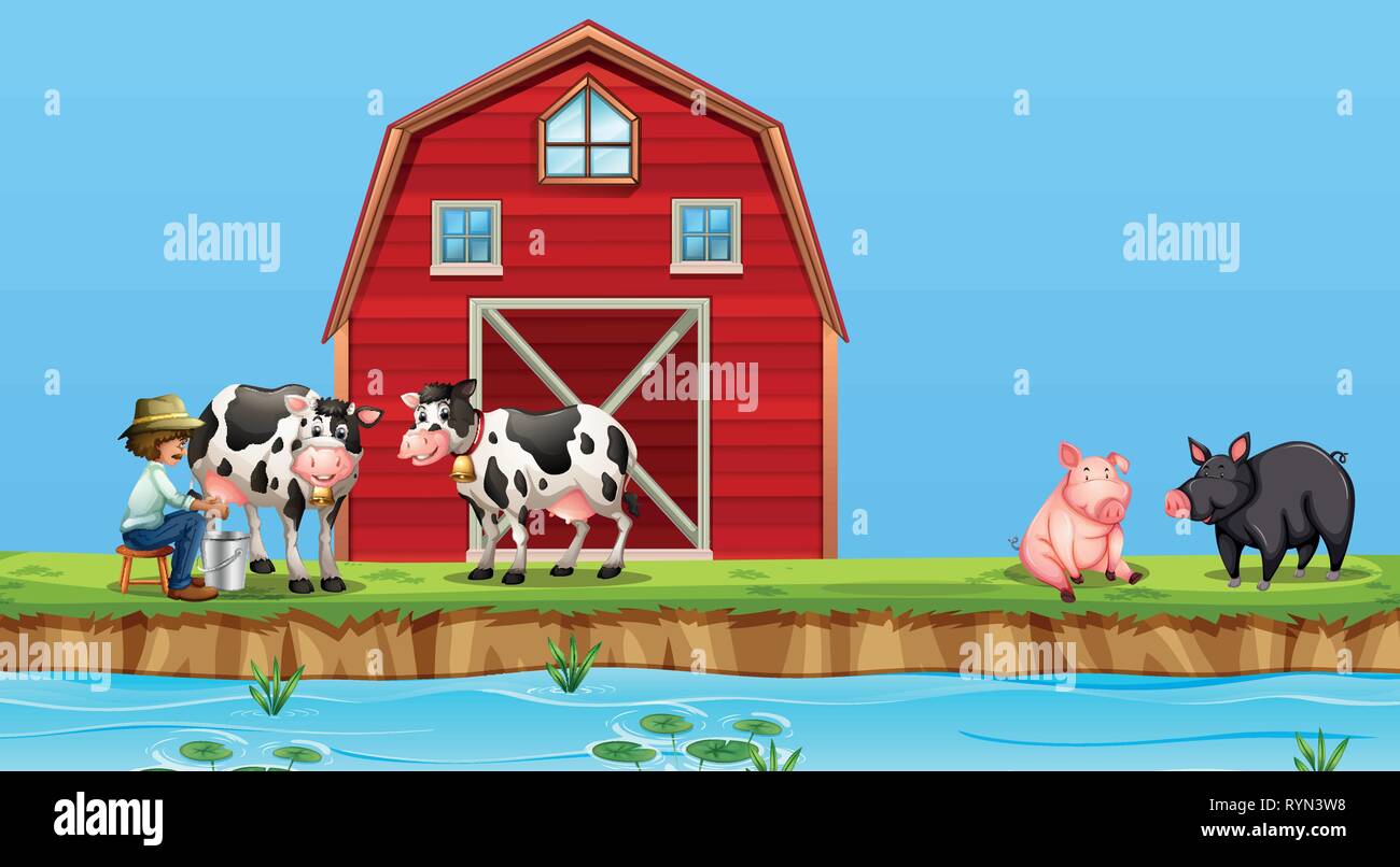 A farmer milking cow at farm illustration Stock Vector