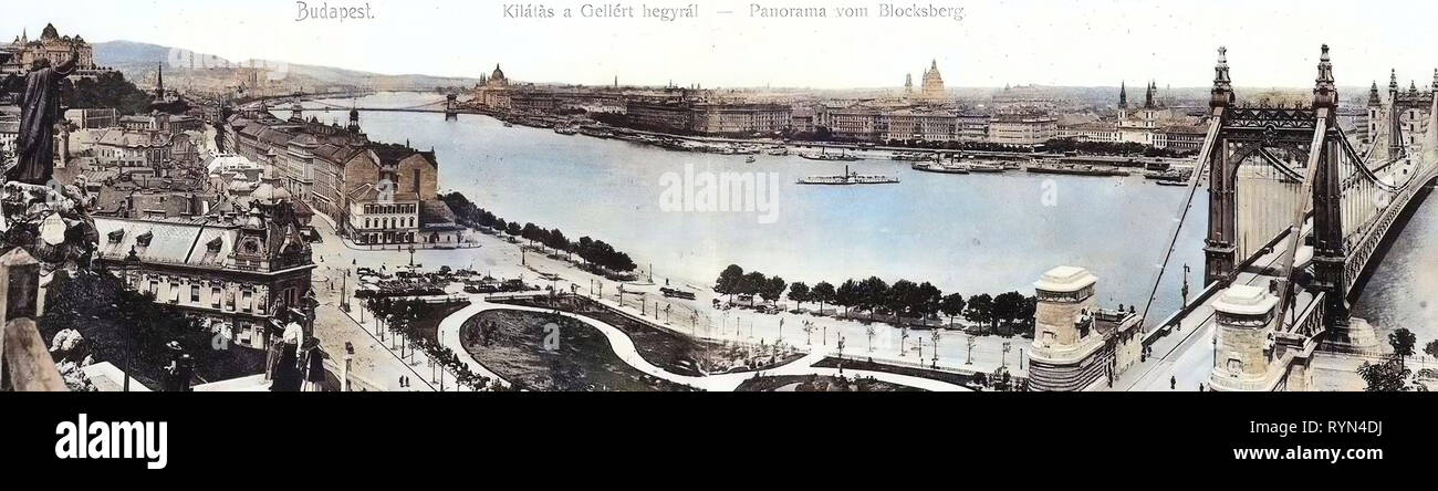 Steamships of Hungary, Danube in Budapest, Historical photographs of Gellért Hill, 1904, Budapest, Panorama vom Blocksberg, Donau mit Dampfern Stock Photo