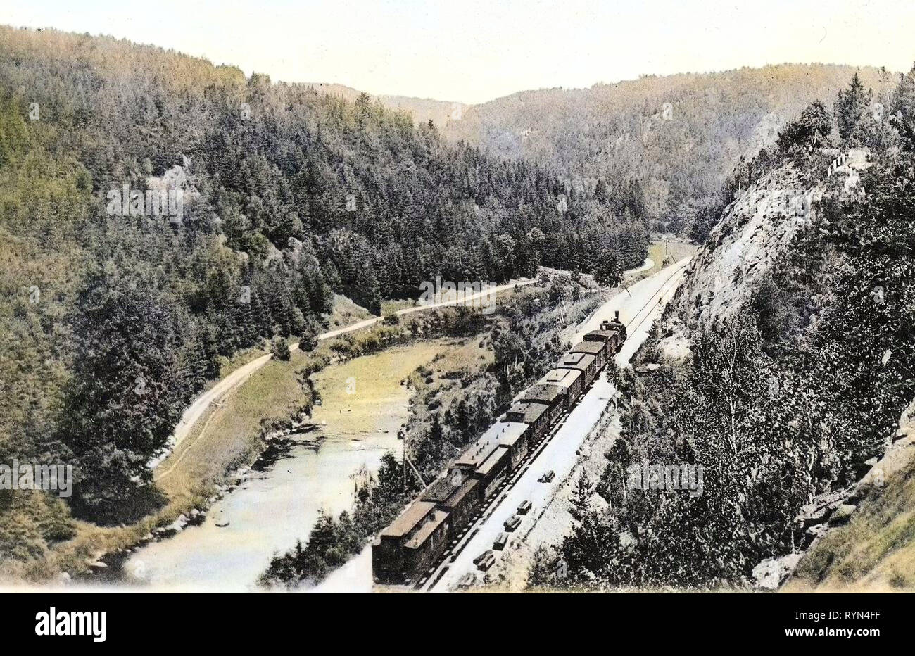 Neisse in Ostritz, Locomotives of Germany, 1904, Landkreis Görlitz, Railway line 6589 (Germany), Railway line 290 (Poland), Ostritz, Neißetal und Eisenbahnzug Stock Photo