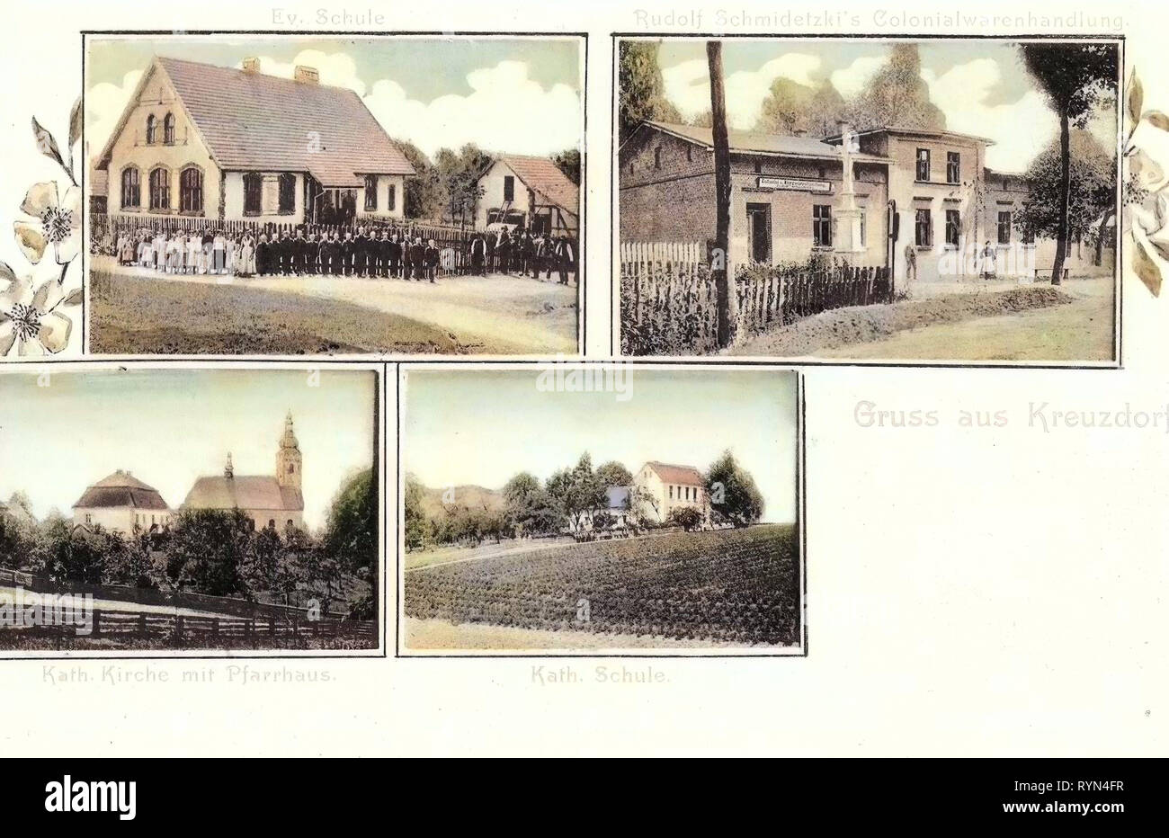 Saint Michael Archangel church in Krzyżowice, Multiview postcards, 1904, Silesian Voivodeship, Kreuzdorf, Schulen, Kirche und Pfarrhaus, Colonialwarenhandlung Stock Photo
