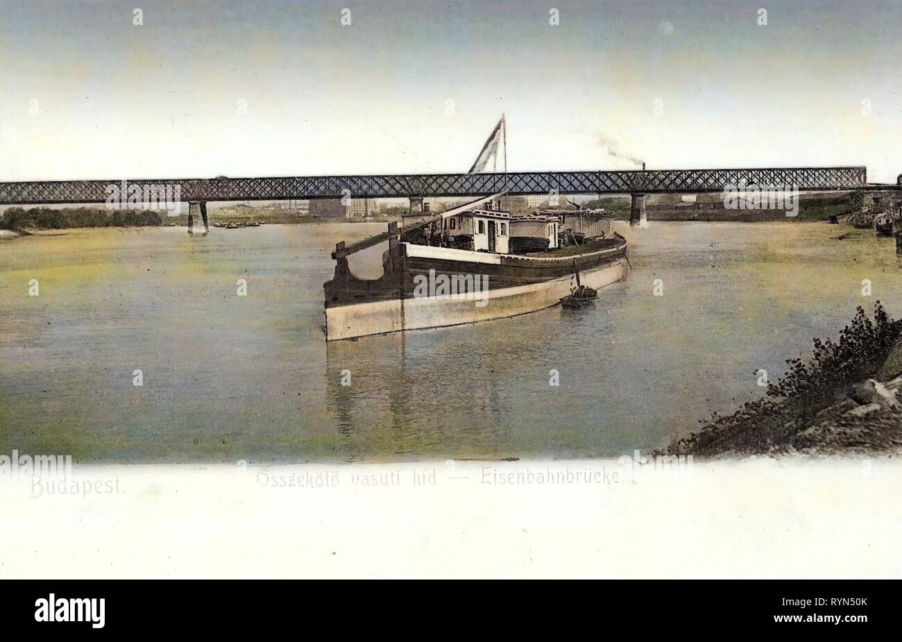 Rail transport in Budapest, Connective Railway Bridge, Barges of Hungary, 1904, Budapest, Eisenbahnbrücke, Lastkahn Stock Photo