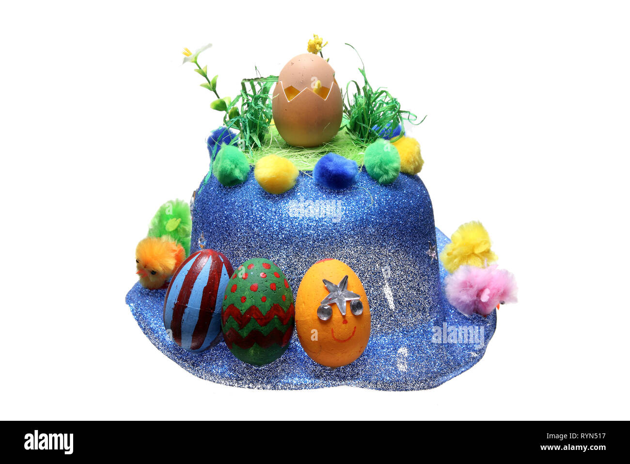 Hat with Easter Eggs on White Background Stock Photo