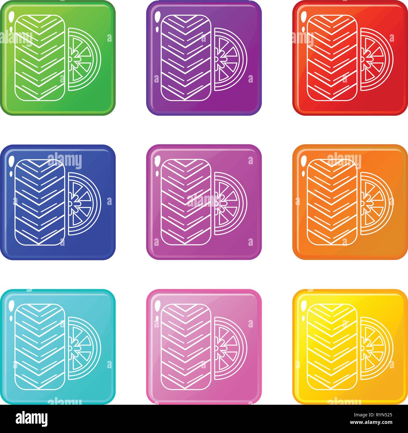 Tire icons set 9 color collection Stock Vector