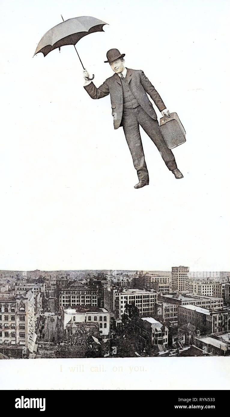 Flying males in art, Buildings in Los Angeles, 1904, California, Los Angeles, I will call on you, Stadt mit Fliegendem Mann', United States of America Stock Photo