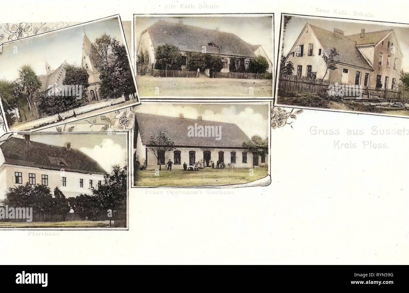 Multiview postcards, Churches in powiat pszczyński, 1904, Silesian Voivodeship, Sussetz, Verschiedene Ortsansichten Stock Photo