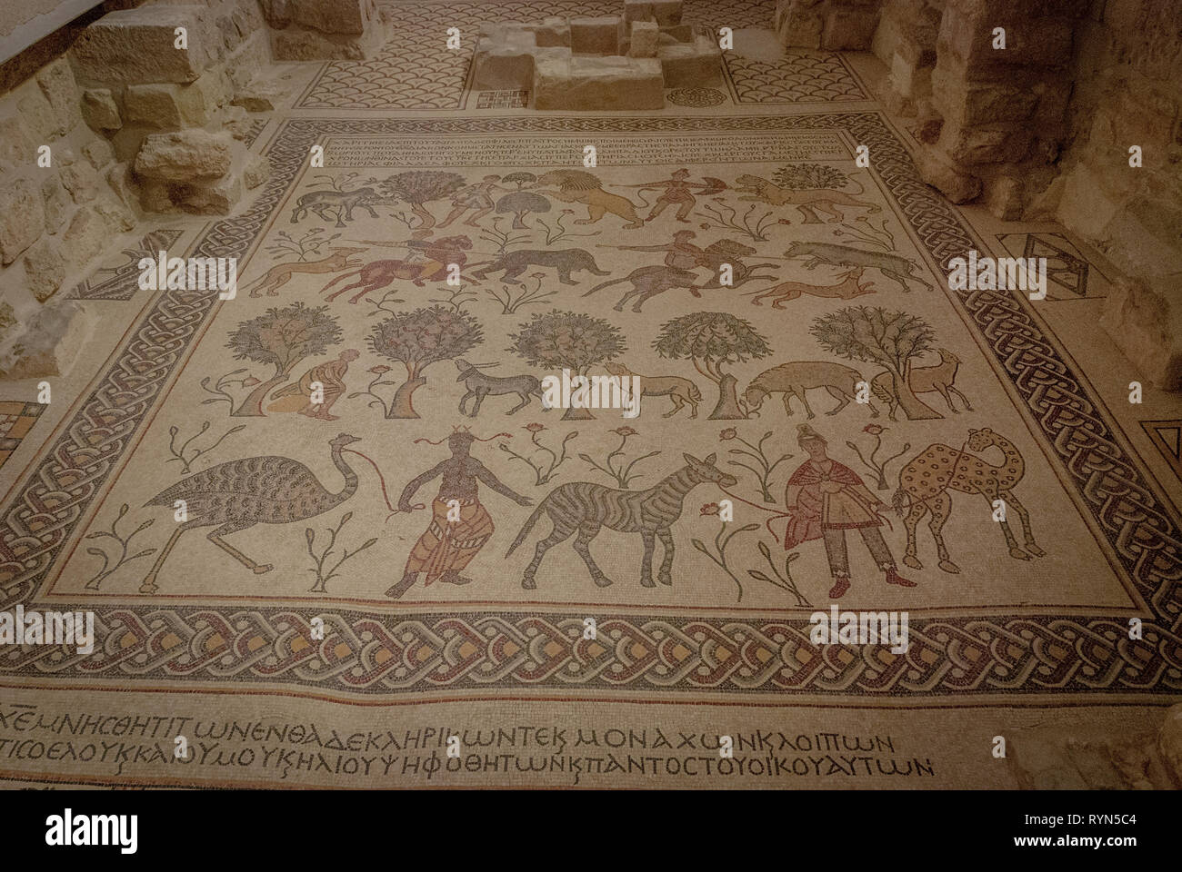 Ancient Mosaics, Memorial Church Moses Mount Nebo Jordan, Middle East Stock Photo