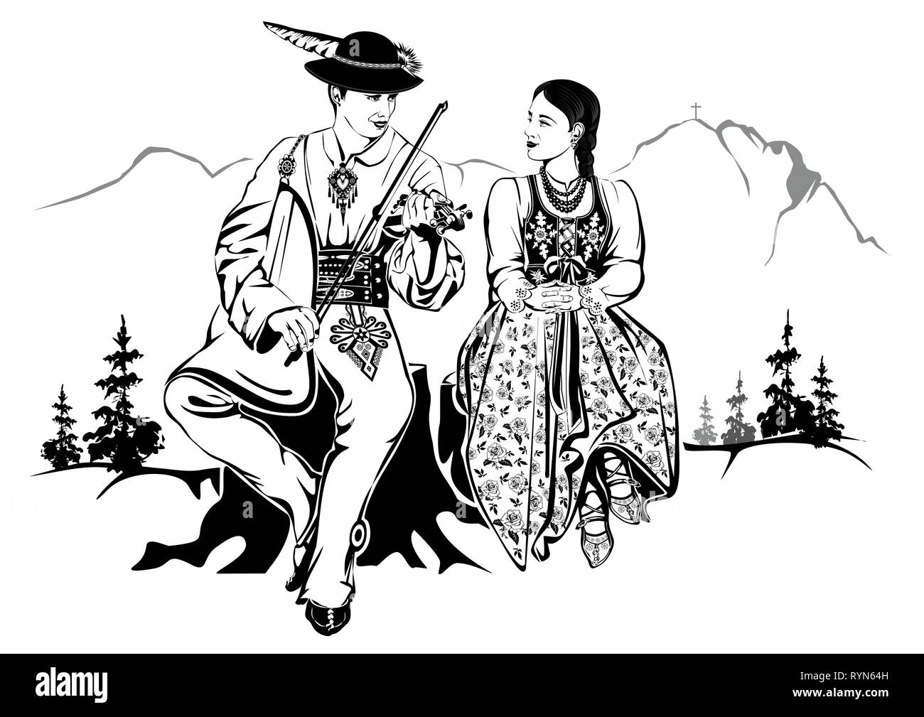 Polish Highlanders Couple in Traditional Costumes. Black and White Illustration. Stock Photo