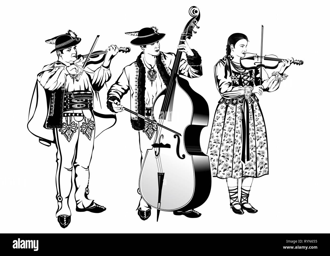 Polish Highlanders Gorale Traditional Folk Band as Black and White Vector Style Illustration Isolated on White. Stock Photo