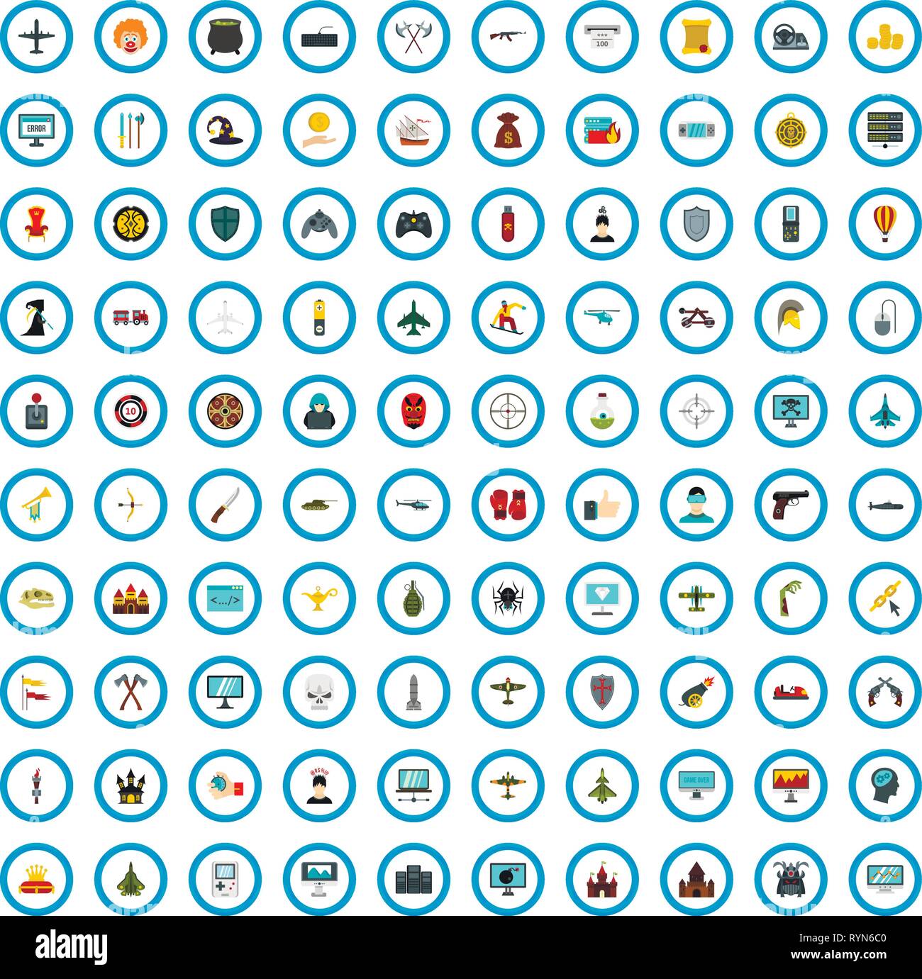 100 gameplay icons set, flat style Stock Vector