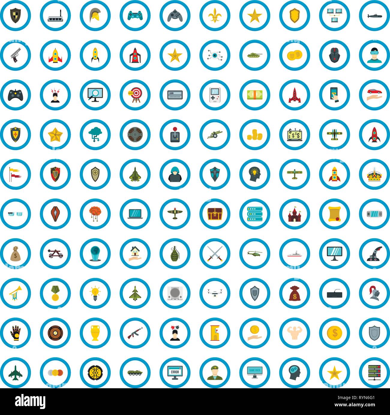 100 gameplay award icons set, flat style Stock Vector