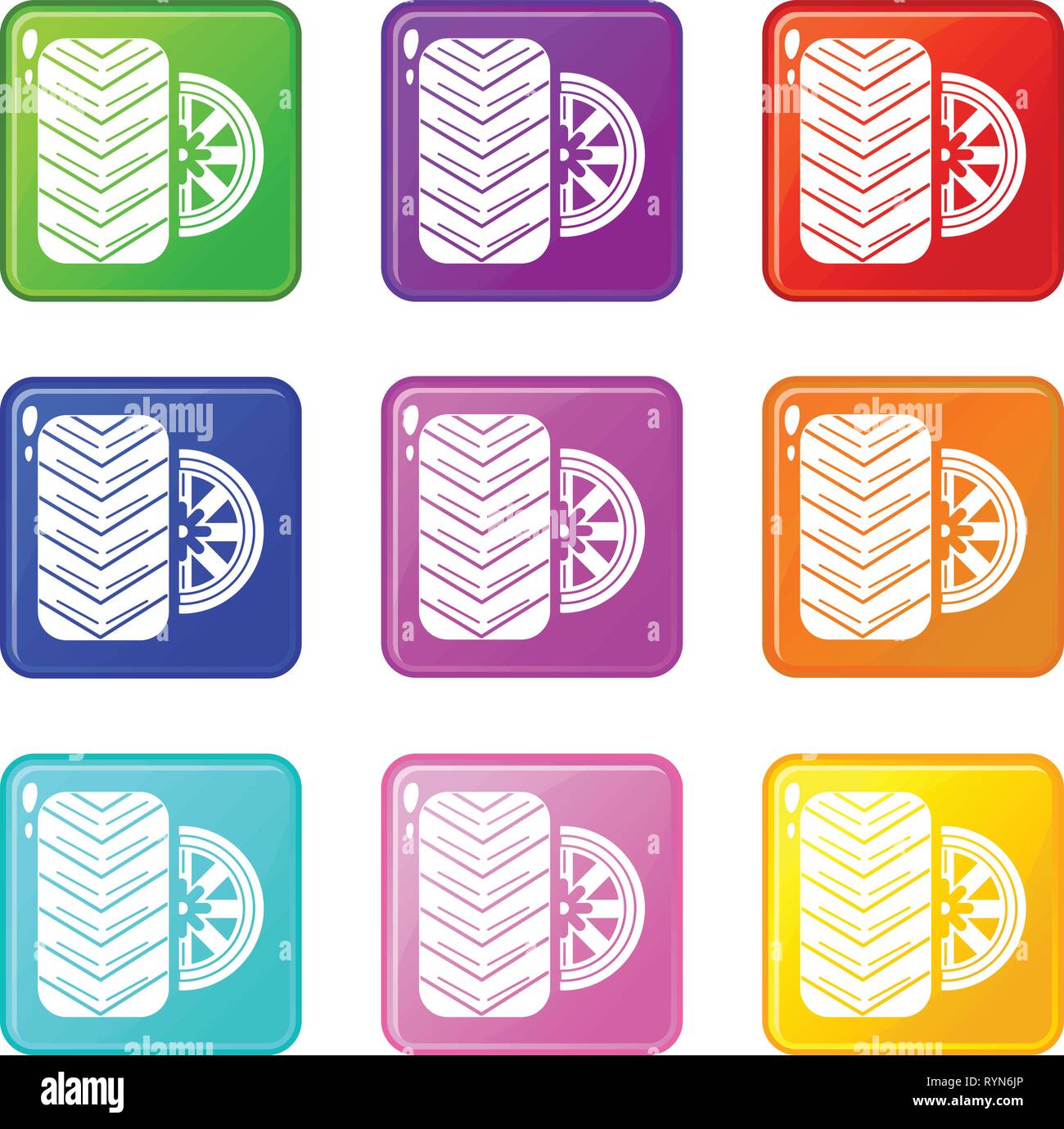 Tire icons set 9 color collection Stock Vector