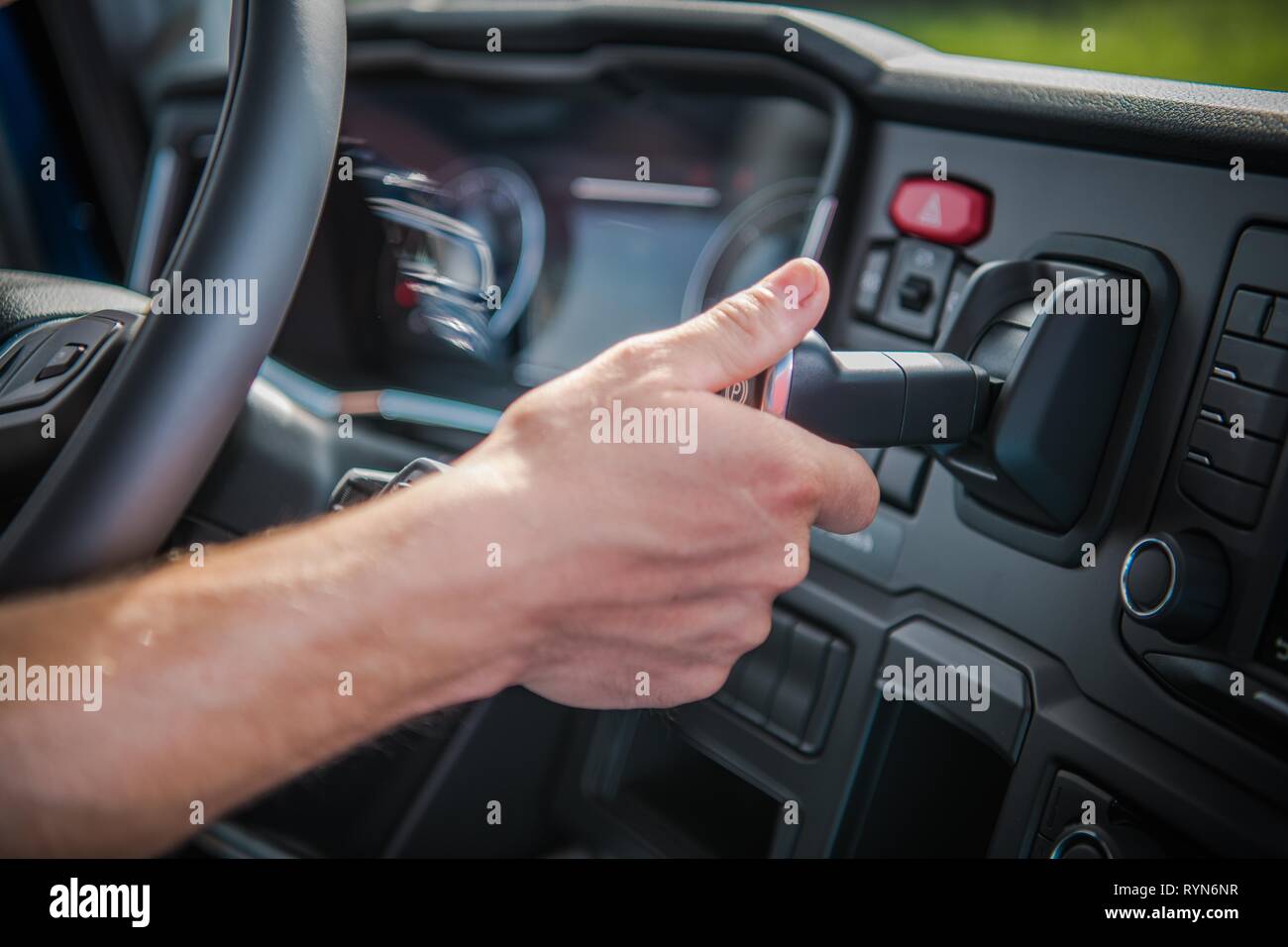 Semi Truck Air Brake Releasing By Trucker Vehicle Interior