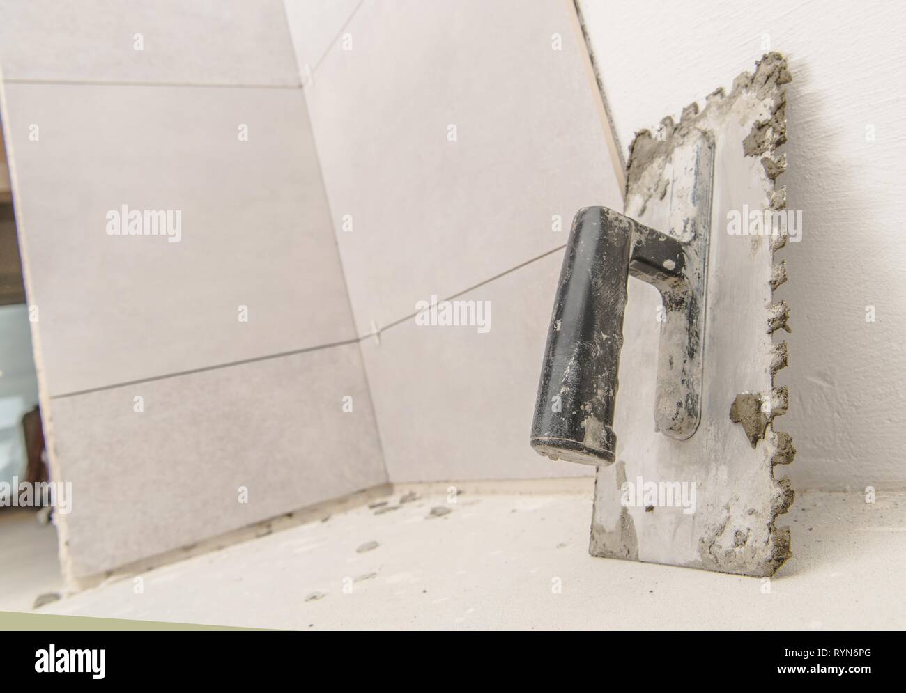 Tile Trowels Tool and Ceramic Tile Installation Construction Concept ...